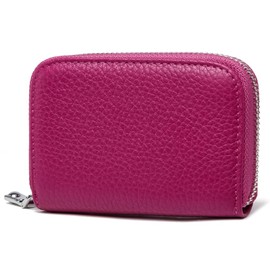 FOMAX Genuine Leather Credit Card Holder for 20 Cards, Women and Men, Genuine Leather Card Holder with Smooth Zip, Elegant Design, Pink, Classic