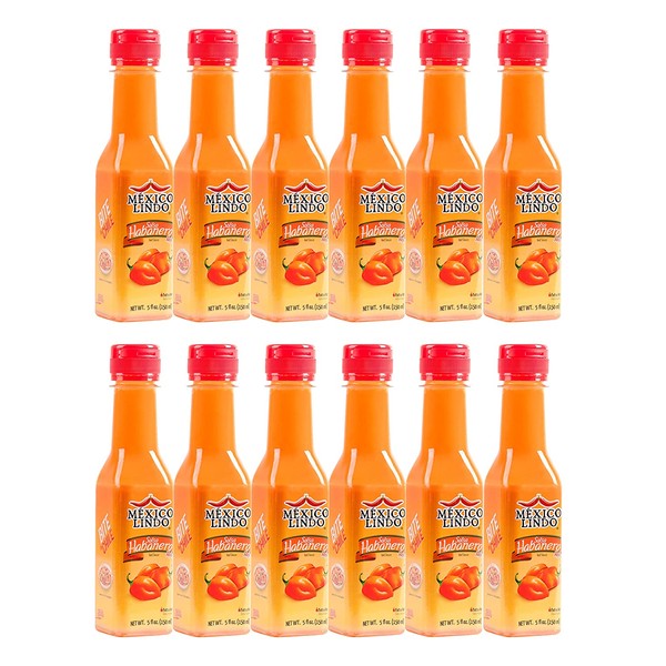 Mexico Lindo Red Habanero Hot Sauce | Real Red Habanero Chili Pepper | 78,200 Scoville Level | Enjoy with Mexican Food, Seafood & Pasta | 5 Fl Oz Bottles (Pack of 12)