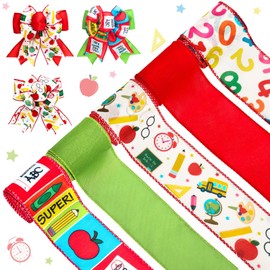 FYSUIMU 5 Rolls Back to School Wired Edge Ribbons 2.5 Inch 30 Yards School Themed Craft Ribbon Colorful Cartoon Fabric Wrapping Ribbon for Bow Wreath Party Home Decor