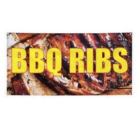 Vinyl Banner Multiple Sizes BBQ Ribs Outdoor Advertising Printing E Restaurant & Food Outdoor Weatherproof Industrial Yard Signs Brown 4 Grommets 16x40Inches
