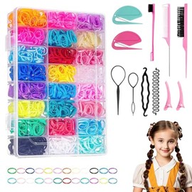 2000 Mini Bandas de Goma, Accesorios para Cabello para Niños Pequeños de 24 Colores con 11 Herramientas de Peinado para El Cabello, en Caja, para Niños y Mujeres