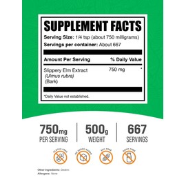BulkSupplements.com Slippery Elm Bark Extract Powder - Slippery Elm Powder, Sourced from Ulmus Rubra Bark - Gluten Free, 750mg per Serving, 500g (1.1 lbs) (Pack of 1)