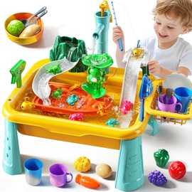 JUKUDAHU Water Table Play Sink Toy for Kids 3 4 5 6 Years Old - Outdoor Kitchen with Running Water, Fishing Games, Toddler Water Play Table for Kids Ages 3-8, Beach Outdoor Toys, Summer Gifts
