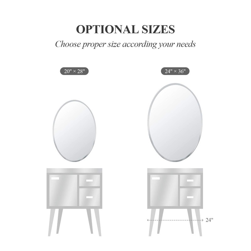 Frameless Oval Bathroom Mirror, 24x36 Inch Beveled Edge Vanity Wall