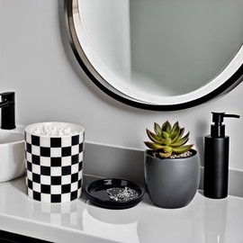 Q tip Holder, Qtip Dispenser with Lid, Cotton Swab Ball Holder Container for Bathroom, Q-tip Canisters/Apothecary Jar for Countertop Organizer, Modern Checkered Bathrooms Decor,Black and White Ceramic