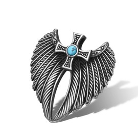 Angel Wing Necklace - Viking Cross Jewelry - Celtic Gifts for Men and Women - Spiritual Protection Amulet - Guardian Energy Crystal - Antique Finish Stainless Steel Norse Powers Pendant - Blue