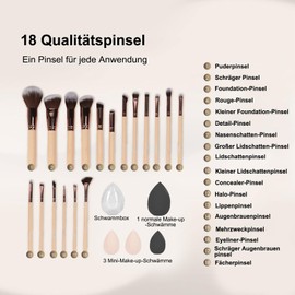 TTSTOIEE 18-Piece Make-Up Brush Set, Bamboo Handle, Swivel Barrel + Sponge + Tassel, Foundation Brush