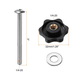 sourcing map 6Set T Track Bolts Knob Kit 1/4-20 x 3" Threaded Bolts 1.26 Dia 1/4" Hex Hand Nut Clamping Knob with Washer for Woodworking Jigs and Fixtures, Black Silver