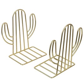 MyGift Modern Brass Tone Metal Wire Cactus Design Bookends, Southwest Desert Style Sagauro Shaped Decorative Book Stands for Home Office Desk School Bookshelf, 1 Pair