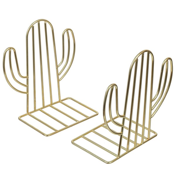 MyGift Modern Brass Tone Metal Wire Cactus Design Bookends, Southwest