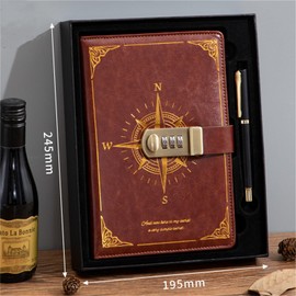 HIQIU Vintage PU Leather Notebook Diary with Lock, Secret Password Notepad with Signature Pen, Journal Travel Diary Gift Box for Men Women (Brown)