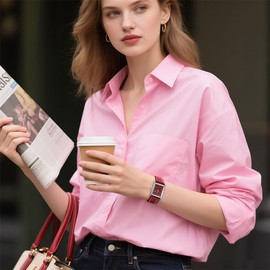 SHENGKE Minimalist Vintage Square Watches for Women with Leather Strap (Red)