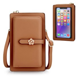 DOB SECHS Small Crossbody Phone Purse for Women, Touch Screen Cellphone Bag Cross Body Card Wallet, Water-resistant Phone Wallet Handbag, Clear Window Zipper Pocket, fit Most Phones up to 6.7’’, Brown