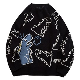 VDWIP Women's Dinosaur Sweater Men's Cows Sweaters Unisix Pullover Oversize Vintage Casual Knitted Retro Couple Tops(Black-XL)