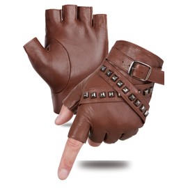FIORETTO Men's Leather Punk Fingerless Gloves Half Finger Gothic Gloves Medium Brown