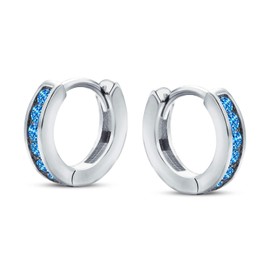 London Blue Cubic Zirconia CZ Channel Set Small Huggie Hoop Earrings For Women Simulated Topaz .925 Sterling Silver
