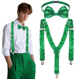 Pistha Sequin Bowtie and Suspender Set Adjustable Shiny Green Suspenders Neck Tie Bow Tie for Men Big Boys St Patrick's Day Party Supplies