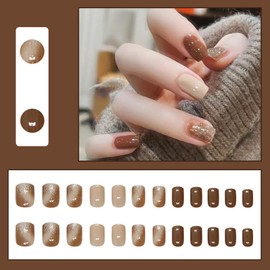 Nail Tips, Cute Design, Nail Seals, False Nails, Atmosphere, Easy Nail, Fashionable 3D Elegant High Quality, Glossy Type, Can be Used Repeatedly, Nail Art, Nail Parts, Weddings, Receptions, Coming-of-Age Ceremonies [Set of 24] (Brown, Medium)