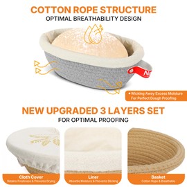 NeoRov Cotton Rope Proofing Basket Set - Oval & Round Sourdough Baskets - Sourdough Proofing Basket & Cloth Cover - Bread Proofing Basket - Sourdough Bread Baking Supplies