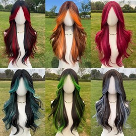 SMILCO | 24-inch | Brown Orange Highlight | Wavy Middle Part Hair For Women |  Synthetic Full Machine Wigs|SM5029 - Color: Red Highlight