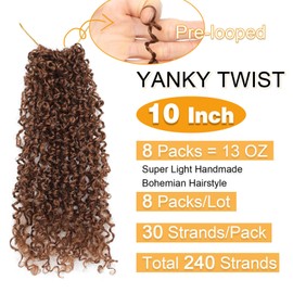 Aksice Pre-looped Yanky Twist Crochet Hair 10 Inch 8 Packs Bohemian Passion Twist Spring Mini Twist Crochet Hair for Black Women Boho Crochet Braids Synthetic (30#)