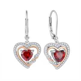 Aprila Heart Dangle Earrings 925 Sterling Silver Leverback Drop Earrings with 5A Cubic Zirconia January Birthstone Garnet Color 2-tone White Gold&Rose Gold Plated