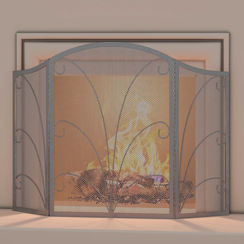 Kingson 3-Panel Arched Fireplace Screen Decorative, Handcrafted Scroll Wrought Iron