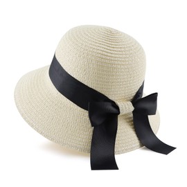 PESAAT Women Summer Straw Hat Girls Bowknot Beach Caps Wide Brim Foldable Sun Hats (White, Adult)