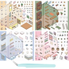 MADGININE 4 Set 3D Sticker Scene,3D House Stickers,Cartoon Miniature House Landscaping Stickers,Make Your Own Bookstore|Flower Shop|Convenience Store|Dessert Shop,for Adult Kid Relief Stress