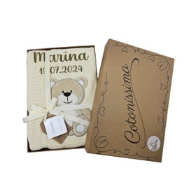 KIDDI-MEDIA High Quality Baby Blanket with Name and Date of Birth Made of 100% Cotton / in Representative Gift Box / for Christening, Birth, Baby Shower, Also as a Throw Blanket (Beige Bear)