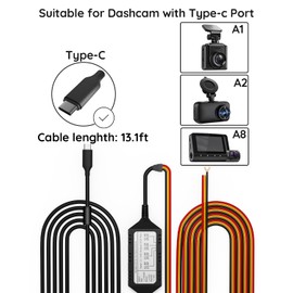 Avylet 13.1ft Type-C Dash Cam Hardwire Kit with Low Voltage Protection for A1/A2/A8/Other Dash Camera with Type-C Port, 24H Parking Monitoring with Acc Functionality