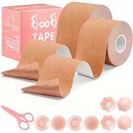 2 Rollos Cinta para Busto 5m*5cm y 4 Pares Pezoneras de Silicona para Mujer