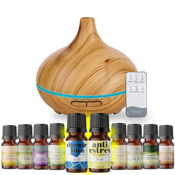 MEVA 500 ml difusor Aceite Aromas Esencial aromaterapia con 10 esencias de Regalo, 7 Colores LED, humificador de Aceite Esencial (Madera Bambu)