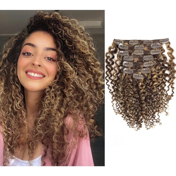Loxxy Clip in Human Hair Extensions #P4/27 16inch Afro Jerry Curly 3B and 3C Real Hair Clip in Extensions 8A Grade Double Weft 120g/set 7Pcs/lot And 17 Clips Per Pack
