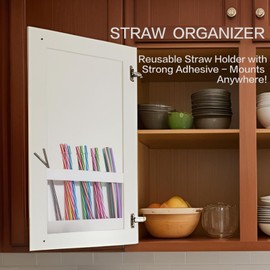 White Acrylic Straw Holder & Tumbler Organizer for Cabinet Door, Countertop – Reusable Straw Storage Dispenser with Double-Sided Tape, Multi-Use Kitchen Cabinet Organizer for Straws, Accessories