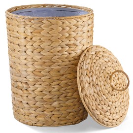 BLUEWEST 4.5 Gallons Wicker Trash Can with Lid and Removable Liner, Wicker Rattan Bathroom Trash Can, Large Woven Trash Can for Office, Hyacinth Waste Basket for Bedroom, Living Room, Home Kitchen