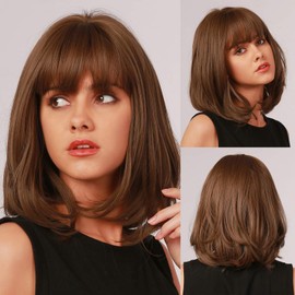 EMMOR Brown Bob Wig for Women Natural Curly Synthetic Wigs With Bangs for Girls Party Cosplay Daily Use Wig