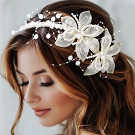 BARTOSI Flower Bride Wedding Headband Pearl Bridal Headpiece Prom Hair Band Hair Accessories for Women (Silver)