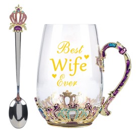 SWTHONY Fancy Tea Cup with Spoon Set Wife Birthday Gift Idea from Husband, Wife Gift for Christmas Mothers Day, Beautiful Purple Crown Glass Cups Mugs with Handle