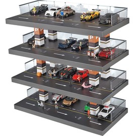 1:64 Scale Diecast Car Display Case 4-Tier Parking Garage Diorama for Hot Wheels, Matchbox, Collectors - 24 Spots, Holds 40+ Cars | Freestanding Wood & Acrylic Storage Organizer with Easy Assembly