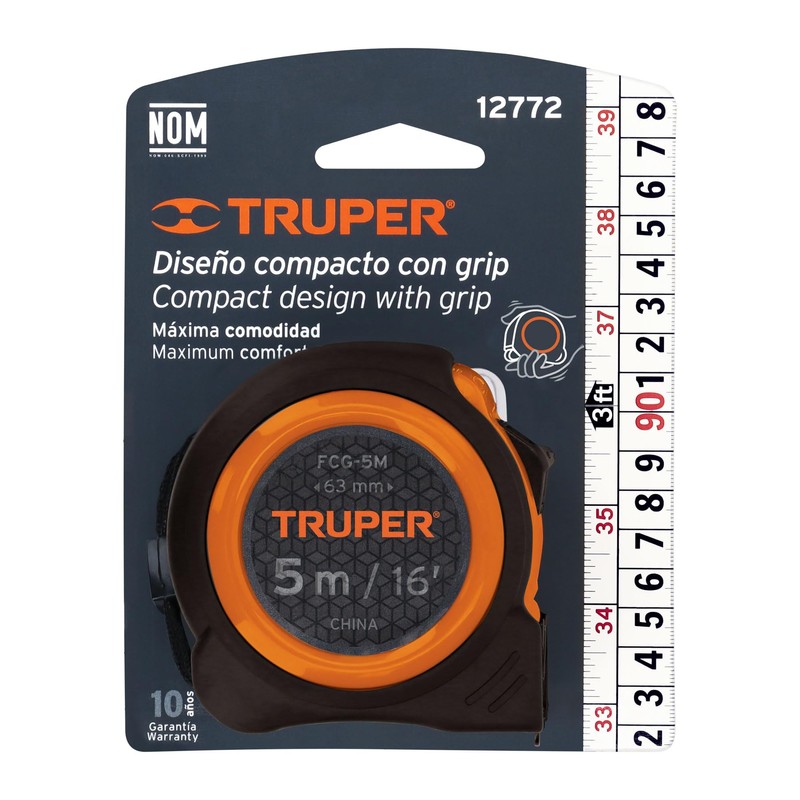 Truper FCG-5M, Flexómetro compacto contra impactos 5 m cinta 19
