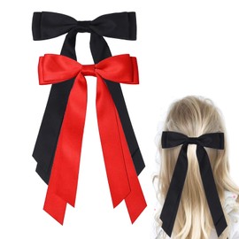 Satin Bow Hair Clips for Women, Silkly Satin Hair Ribbon Bow with Long Tail Hair Accessories for Girls (Black Red)