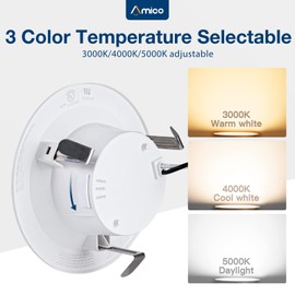 Amico 4 inch 3CCT LED Recessed Lighting 12 Pack, Dimmable, Damp Rated, 9W=60W, 650LM Can Lights with Baffle Trim, 3000K/4000K/5000K Selectable, Retrofit Installation - ETL & FCC Certified