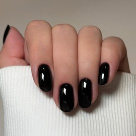 Black Press on Nails Short Oval, SXVME Solid Color Acrylic Fake Nail Short Round, Thick False Nail Press ons Handmade of Gel, Natural Full Cover Glue on Nails For Women Daily Wear 24Pcs