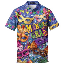 Salty Durian Store Color Mardi Gras Polo Shirts for Men Casual Vinatge Mardi Gras Mens Polo Shirts Short Sleeve Button Up Golf Shirts for Men