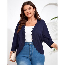 Womens 3/4 Sleeve Knit Cardigan Casual Scallop Hemline Open-Front Shrug Sweaters Navy Blue 3XL