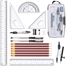 LATERN 20Pcs Geometry Compass Set, Student Supplies Drawing Compass and Protractor Set, Set Squares (30°/45°/60°), Eraser, Pencil Sharpener, Straight Rulers (15cm/ 20cm/ 30cm), Pencils, Gel Pens
