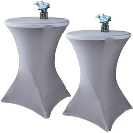 2 Pack 32x43 Inch Grey Cocktail Tablecloth Spandex Round Fitted Table Cover for Wedding Banquet Event Party