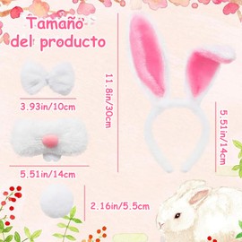 QIKKOP 5 Piezas Disfraz de Conejo para Niña Halloween, Set de Accesorios para el Pelo con Orejas, Corbatín, Nariz, Cola y Falda de Tul Rosa, Ideal para Fiesta de Halloween Cosplay