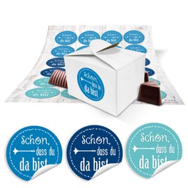 Logbuch-Verlag White Gift Wrapping Bows in Wooden Look with “Schön, dass du da bist” Stickers, Blue-turquoise
